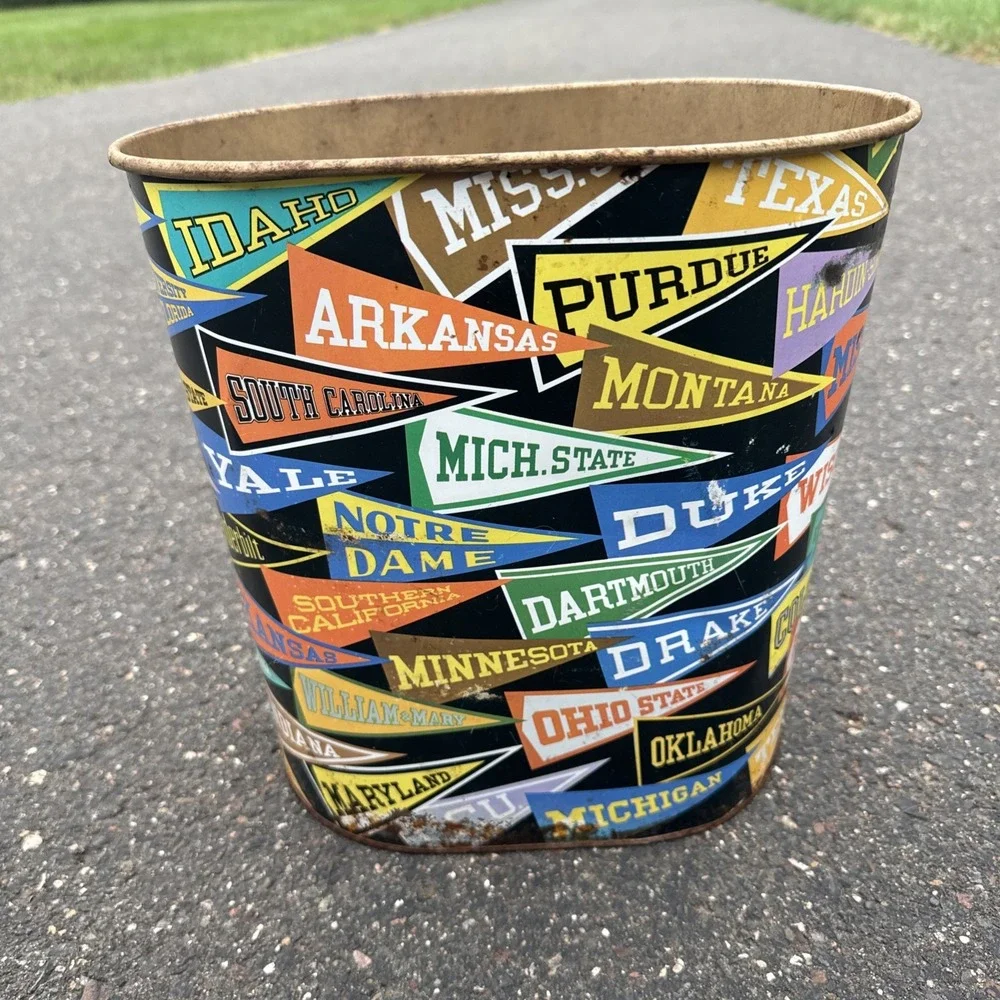 Vtg Decoware College Pennant Flags Metal Tin Trash Can Waste Paper Basket USA
